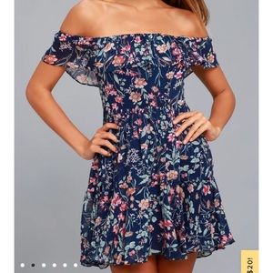 Lulus Navy Floral Off-the-Shoulder Dress